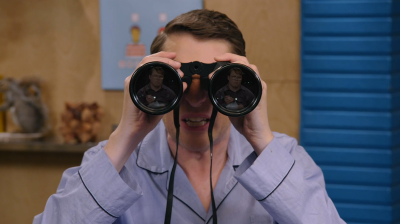 Rear Window inspires the plot of “Tegan And Sara Wear Leather Jackets And Skinny Jeans,” and Scott name-checks Psycho in the opening, but the episode is jam-packed with Hitchcock references. The title cards touch on Vertigo, The Birds, and North By Northwest. The rooftop concert pays obvious homage to The Birds, but the orchestral performance is a nod to the 1956 version of The Man Who Knew Too Much. The Herrmann-esque music throughout the episode is reminiscent of Psycho, but also of other collaborations between composer and director. And the appeal of voyeurism is at the heart of many, many Hitchcock films. The story is constructed with unusual care—unusual for the absurd, sometimes slapdash world of Comedy Bang! Bang!, anyhow. Scott’s certainty that he’s uncovered a murder should drive him straight to the authorities, but the episode disposes of that plot-stopping possibility efficiently. The friendly neighborhood police officer’s mention of recent peeping-tom complaints scares Scott out of making a report, leaving him to collect more evidence on his own. The show even drops a red herring or two. Al’s scene-obscuring shadow whisks past the camera as Scott mutters that Raymond’s “got to be up to something. No one that weird is normal.”